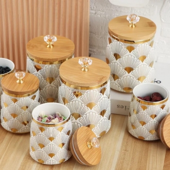 Home+Kitchen+Luxury+Gold+7pcs+Round+Tea+Coffee+Sugar+Salt+Storage+Jar+Ceramic+Spice+Canisters+Set+with+Bamboo+Lid+and+Gold+Metal+Rack