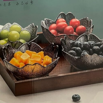 4+Pcs+Serving+Glass+Bowls+%7C+Tableware%2C+Stylish+Lotus+Shaped+Serving+Bowl+with+Wooden+Tray