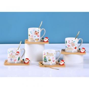 Ceramic+Elegant+Christmas+Print+Design+Cup+With+Wooden+Coaster+And+Small+Spoon+Set+Of+3+Pieces