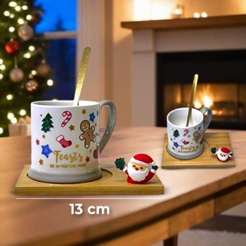 Ceramic+Elegant+Christmas+Print+Design+Cup+With+Wooden+Coaster+And+Small+Spoon+Set+Of+3+Pieces