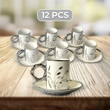 Set+of+6+Pcs+White+and+Silver+Ceramic+Coffee+Cups+with+6+Saucer+Distinctive+and+Elegant+Design